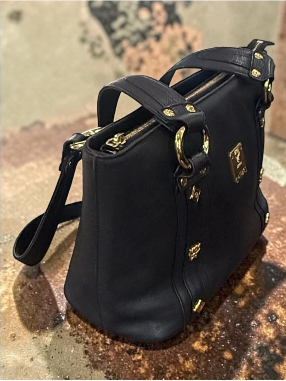 MCM Black Leather Tote with Gold Hardware